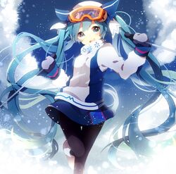  aqua_eyes aqua_hair commentary_request female goggles goggles_on_head hat hatsune_miku komadori_ui long_hair mittens open_mouth pantyhose ski_gear skirt snow solo twintails very_long_hair vocaloid yuki_miku yuki_miku_(2016) 