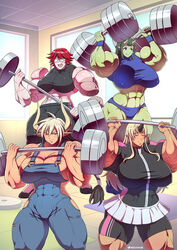  4girls abs bare_shoulders biceps blonde_hair bokuman breasts cathyl cleavage closed_eyes cow_girl female green_hair gym gym_uniform horn horns large_breasts monster_girl monster_musume_no_iru_nichijou multiple_girls muscle musclefan muscular_female ogre oni pointy_ears red_hair stitches suspenders tionishia weightlifting weights zombie zombina 