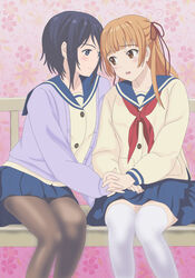  2girls blue_eyes blue_hair blue_skirt blunt_bangs blush brown_eyes brown_legwear cardigan commentary_request embarrassed floral_background hair_ribbon half_updo hime_cut hiropyon holding_hands inari_konkon_koi_iroha. interlocked_fingers long_hair long_sleeves mole multiple_girls official_style open_cardigan open_clothes orange_hair pantyhose pink_background pleated_skirt puffy_long_sleeves puffy_sleeves ribbon sanjou_keiko school_uniform serafuku short_hair sitting skirt sleeves_past_wrists sumizome_akemi thighhighs white_legwear yuri zettai_ryouiki 