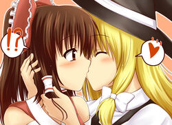  !? 2girls blonde_hair blush bow brown_hair closed_eyes commentary_request hair_tubes hakurei_reimu hat heart highres kirisame_marisa kissing multiple_girls portrait ribbon sazaki_hiyoru speech_bubble spoken_heart surprised touhou witch_hat yuri 