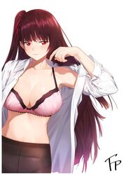  absurdres arm_up blush bra breasts cleavage closed_mouth crotch_seam female fpanda girls&#039;_frontline glint hair_ribbon highres jewelry large_breasts lips long_hair long_sleeves off_shoulder one_side_up open_clothes open_cuffs open_shirt panties panties_under_pantyhose pantyhose pink_bra purple_hair red_eyes ribbon ring shirt simple_background solo tsurime underwear wa2000_(girls&#039;_frontline) wavy_mouth wedding_ring white_background 