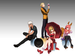  2boys 2girls ;) ahoge alcohol animal_ears animal_print archer_(fate) archer_(modern_black_costume)_(fate) bare_shoulders black_thighhighs blonde_hair commentary_request crossed_legs cup dress drinking_glass fate/extra fate_(series) fox_ears fox_tail frilled_dress frills frying_pan gilgamesh_(fate) gilgamesh_(modern_costume_of_volupte)_(fate) gradient_background green_eyes hair_slicked_back high_heels highres ikezawa_shin leopard_print looking_at_viewer multiple_boys multiple_girls nero_claudius_(fate) nero_claudius_(fate/extra) nero_claudius_(modern_costume_of_crimson)_(fate) official_alternate_costume one_eye_closed pink_hair red_dress red_eyes sitting smile standing striped tail tamamo_(fate) tamamo_no_mae_(fate/extra) tamamo_no_mae_(spring_casual)_(fate) thighhighs v white_hair wine wine_glass yellow_eyes zettai_ryouiki 