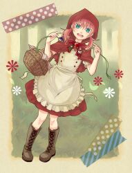  1boy apron bad_id bad_pixiv_id basket bekkourico blue_eyes boots cosplay flower highres inazuma_eleven_(series) inazuma_eleven_go kirino_ranmaru little_red_riding_hood little_red_riding_hood_(grimm) little_red_riding_hood_(grimm)_(cosplay) male_focus otoko_no_ko photoshop_(medium) solo 