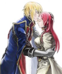  1boy bad_id bad_pixiv_id blazblue blonde_hair closed_eyes coat commentary_request couple female gloves hand_on_another&#039;s_head jin_kisaragi kissing kissing_forehead long_hair photoshop_(medium) red_hair smile soojie_roh straight tears tsubaki_yayoi 