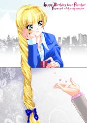  blonde_hair blue_eyes braid commentary_request earrings female formal gift jewelry kannah long_hair ratchet_altair ring sakura_taisen sakura_taisen_v single_braid smile suit very_long_hair 