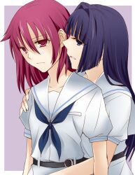  2girls bad_id bad_pixiv_id belt blue_eyes blue_hair hirose_sumire hug hug_from_behind long_hair miyanaga_teru multiple_girls red_eyes red_hair saki_(manga) sao_(0060) school_uniform serafuku shiraitodai_school_uniform short_hair whispering yuri 