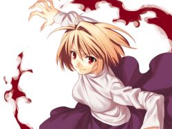  ahoge arcueid_brunestud bad_id bad_pixiv_id blonde_hair blood female kotarou_(raincoat) long_skirt melty_blood purple_skirt red_eyes short_hair simple_background single_hair_intake skirt smile solo sweater tsukihime turtleneck white_background 