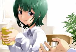  bad_id bad_pixiv_id cup dress_shirt female green_hair idolmaster idolmaster_(classic) kurose_kousuke mole mole_under_mouth mug otonashi_kotori painttool_sai_(medium) pov red_eyes shirt short_hair smile solo_focus steam 