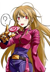  ? alternate_hair_color bad_id bad_pixiv_id belt bodysuit braid brown_hair candy female food gloves kula_diamond kyo9999 licking lollipop long_hair red_eyes saliva saliva_trail solo swirl_lollipop the_king_of_fighters thighhighs tongue twin_braids 