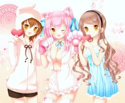  1boy 2girls :o ;d akane_(goma) akira_(goma) animal_ears animal_hands animal_hood bad_id bad_pixiv_id bell blush borrowed_character breasts brown_hair cat_ears cat_paws center_opening choker cleavage crossover dress goma_(11zihisin) hair_ribbon hairband heart highres hood hoodie jingle_bell large_breasts long_hair multiple_girls oerba_yun_fang one_eye_closed open_mouth original otoko_no_ko pink_hair rabbit_hood ribbon ribbon-trimmed_legwear ribbon_choker ribbon_trim shia_flatpaddy short_hair shorts smile thighhighs wavy_hair white_legwear yellow_eyes 