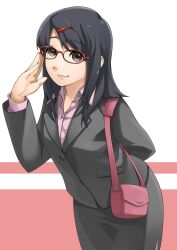  adjusting_eyewear bad_id bad_pixiv_id bag black_hair black_skirt brown_eyes brown_pantyhose commentary_request female glasses hair_ornament hairclip handbag long_hair miniskirt pantyhose pencil_skirt rikunabi_next rikunabi_next_miho-san skirt smile solo yuuki_maya 