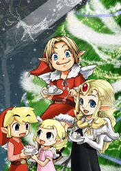  2boys 2girls alternate_costume aryll belt blonde_hair blue_eyes boots cake cape christmas christmas_tree commentary_request costume dress earrings food gloves hair_ornament hat jewelry link lolicon long_hair lowres ms_810 multiple_boys multiple_girls multiple_persona open_mouth pointy_ears princess_zelda short_hair siblings smile the_legend_of_zelda the_legend_of_zelda:_ocarina_of_time the_legend_of_zelda:_the_wind_waker tiara toon_link toon_zelda twintails wings young_link young_zelda 