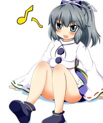  bad_id bad_pixiv_id female grey_eyes grey_hair hat highres japanese_clothes mononobe_no_futo motsu_(selshia12) musical_note ponytail sitting solo touhou 