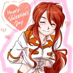  blush closed_eyes commentary_request female freckles gemini_sunrise happy_valentine heart leaning_forward long_hair my_sanc ponytail red_hair sakura_taisen sakura_taisen_v smile valentine very_long_hair 