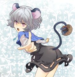  animal_ears basket commentary_request female foreshortening grey_hair hands jewelry leaning_forward looking_at_viewer mattie mouse_(animal) mouse_ears mouse_tail nazrin open_mouth pendant pink_eyes pointing short_hair solo tail tail_raised touhou 