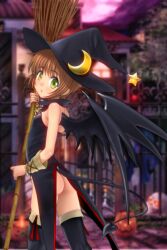  :o ass bare_shoulders black_hat blush boots broom brown_hair cardcaptor_sakura crescent demon_tail female flat_chest green_eyes halloween hat jack-o&#039;-lantern kinomoto_sakura leotard looking_at_viewer mutsuki_(moonknives) photoshop_(medium) pumpkin short_hair solo star_(symbol) tail thigh_boots thighhighs wings witch witch_hat 