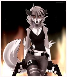  belt breasts canid canine canis cigarette cleavage clothed clothing dual_wielding fingerless_gloves gloves gun handwear holding_object holding_weapon jewelry looking_at_viewer mammal necklace pinup pose ranged_weapon shirt silverdeni smoking solo standing tank_top topwear torn_clothing weapon wolf 