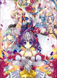  5girls :d bad_id bad_pixiv_id black_hair blonde_hair blue_eyes blue_hair chains dress fantasy flower glasses green_hair hair_flower hair_ornament hairband happy harp hat helmet instrument key knight long_hair multiple_girls necktie open_mouth original photoshop_(medium) plant profile puffy_sleeves purple_eyes red_flower red_rose rose sana.c short_hair smile top_hat vines wand white_hair 