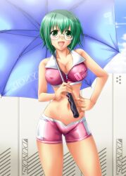  ayato bad_id bad_pixiv_id breasts cleavage covered_nipples female glasses green_eyes green_hair hands_on_own_hips highres infinite_stratos large_breasts midriff navel open_mouth photoshop_(medium) race_queen short_hair shorts sleeveless smile solo umbrella yamada_maya_(infinite_stratos) 