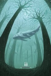  2girls animal bed blue_theme commentary_request fish forest holding_hands multiple_girls nature original oversized_animal perspective surreal tree underwater watari_taichi 