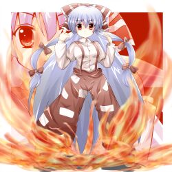  bad_id bad_pixiv_id bow female fire fujiwara_no_mokou hairbow hori_daikon long_hair long_sleeves pants red_eyes solo standing suspenders touhou very_long_hair zoom_layer 