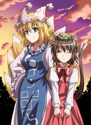  2girls chen commentary_request hand_on_another&#039;s_head multiple_girls one_eye_closed photoshop_(medium) rimibure skirt_hold smile sunset touhou yakumo_ran 