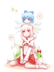  2girls :3 adapted_costume bad_id bad_pixiv_id bloomers blue_eyes blue_hair blush bow carrying cirno ex-keine frilled_skirt frills fujiwara_no_mokou hair_ribbon hairbow heart highres horns ice kamishirasawa_keine kokotetsu long_hair looking_down looking_up medium_skirt multiple_girls red_eyes red_skirt ribbon shoulder_carry sitting skirt smile spoken_blush spoken_heart star_(symbol) sukusuku_hakutaku suspender_skirt suspenders tail topless touhou underwear very_long_hair wariza white_hair wings 