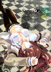  black_pantyhose blue_eyes breasts brown_hair cleavage commentary_request female gears long_hair makise_kurisu medium_breasts no_bra open_clothes open_shirt pantyhose pantyhose_under_shorts shirt shorts solo steins;gate uonuma_yuu 