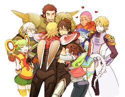  2girls 6+boys ^_^ antonio_lopez armor barnaby_brooks_jr. blonde_hair blue_hair blue_rose brown_hair chinese_clothes closed_eyes commentary_request dragon_kid epaulettes fire_emblem_(tiger_&amp;_bunny) green_hair group_hug hat heart huang_baoling hug ivan_karelin kaburagi_kaede kaburagi_t._kotetsu karina_lyle keith_goodman morisuke multiple_boys multiple_girls nathan_seymour origami_cyclone power_armor rock_bison short_hair simple_background sky_high_(tiger_&amp;_bunny) spoilers superhero_costume tears tiger_&amp;_bunny white_background wild_tiger 