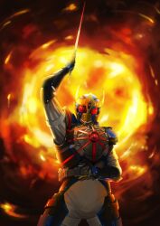  1boy armor belt commentary_request hokuto_(hokuto_pk) kamen_rider kamen_rider_ixa kamen_rider_kiva_(series) male_focus solo sun sword weapon 