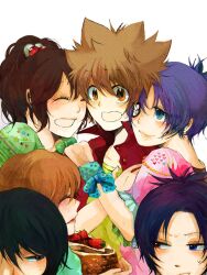  3boys 3girls artist_request blue_eyes brown_eyes brown_hair cake chrome_dokuro everyone eyepatch food hibari_kyouya hug katekyo_hitman_reborn! miura_haru multiple_boys multiple_girls photoshop_(medium) purple_hair red_eyes rokudou_mukuro sasagawa_kyouko sawada_tsunayoshi 