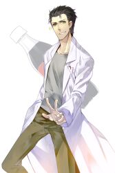  1boy black_hair commentary_request facial_hair highres lab_coat male_focus okabe_rintarou samuraig soda solo steins;gate stubble 