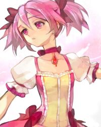  bad_id bad_pixiv_id bow choker commentary female hairbow kaname_madoka kaname_madoka_(magical_girl) kuzuvine lowres magical_girl mahou_shoujo_madoka_magica mahou_shoujo_madoka_magica_(anime) pink_eyes pink_hair puffy_sleeves short_twintails solo twintails 