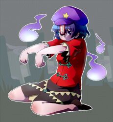  blue_eyes blue_hair commentary_request female ghost graveyard hat hat_ornament hitodama jiangshi mafuyu_hemp miyako_yoshika ofuda outstretched_arms short_hair sitting skirt solo star_(symbol) star_hat_ornament tombstone touhou wariza zombie_pose 