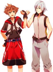  2boys blue_eyes boots brown_hair commentary_request fingerless_gloves gloves grey_hair jewelry kingdom_hearts male_focus multiple_boys necklace riku_(kingdom_hearts) sana423 simple_background sora_(kingdom_hearts) spoilers wristband 