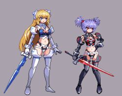  2girls altines altrene armor bikini_armor blonde_hair blue_eyes blue_hair breasts busou_shinki cleavage commentary_request doll_joints e79 hand_on_own_hip joints long_hair lowres medium_breasts multiple_girls navel pixel_art red_eyes small_breasts sword thighhighs weapon 