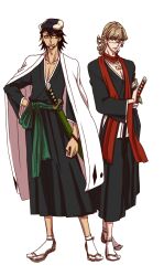  2boys barnaby_brooks_jr. bleach blonde_hair brown_eyes brown_hair cabbie_hat commentary_request facial_hair glasses green_eyes haori hat japanese_clothes jewelry kaburagi_t._kotetsu katana male_focus morita_masakazu multiple_boys necklace scarf sekiguchi short_hair simple_background stubble sword tiger_&amp;_bunny voice_actor_connection weapon white_background 