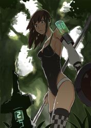  bare_shoulders breasts brown_hair checkered_clothes checkered_legwear cleavage commentary detached_sleeves female forest from_below glowing grass leotard lowres medium_breasts nature okuto original parted_lips photoshop_(medium) polearm shield solo thighhighs thong_leotard weapon wide-eyed 