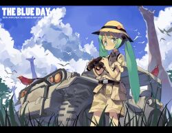  africa aqua_eyes aqua_hair binoculars bird car chinese_commentary cloud commentary day female giraffe hatsune_miku jeep jong_tu letterboxed long_hair motor_vehicle outdoors photoshop_(medium) plant safari shorts sky solo tree twintails vocaloid 