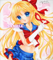  :d aino_minako back_bow bishoujo_senshi_sailor_moon black_skirt blonde_hair blue_eyes blue_sailor_collar bow choker commentary_request crescent crescent_choker crescent_facial_mark crop_top crop_top_overhang dated elbow_gloves facial_mark female forehead_mark gloves hairbow half_updo long_hair magical_girl marker_(medium) mask midriff miniskirt mocomoco_party navel open_mouth pastel_(medium) photoshop_(medium) pleated_skirt red_bow sailor_collar sailor_senshi_uniform sailor_v sample_watermark short_sleeves shoulder_pads signature skirt smile solo striped_clothes striped_skirt traditional_media watermark white_gloves 