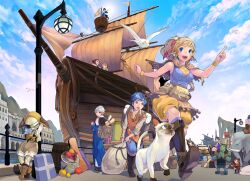  4boys 4girls bad_id bad_pixiv_id bird blonde_hair blue_eyes cloud feline multiple_boys multiple_girls original outdoors photoshop_(medium) serenade_(sinohi) ship sky watercraft 