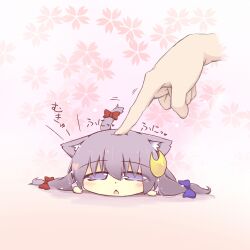  animal_ears blush blush_stickers bow cat_ears cat_tail catchouli_(hazuki_ruu) chibi commentary_request crescent crescent_hair_ornament female hair_ornament hairbow hand_focus hazuki_ruu kemonomimi_mode lying mini_person minigirl open_mouth patchouli_knowledge poking purple_eyes purple_hair solo tail touhou 