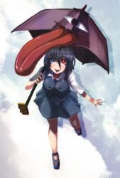  :p bad_id bad_pixiv_id blue_eyes blue_hair blush commentary_request doyouwantto female heterochromia karakasa_obake photoshop_(medium) purple_umbrella red_eyes short_hair skirt solo tatara_kogasa tongue tongue_out touhou umbrella 