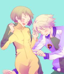  1boy ^_^ bad_id bad_pixiv_id blonde_hair bodysuit bruce_lee&#039;s_jumpsuit closed_eyes female huang_baoling ivan_karelin jacket letterman_jacket norino_moto orange_bodysuit short_hair simple_background tickling tickling_sides tiger_&amp;_bunny 