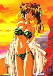  1990s_(style) bandeau bare_shoulders beach bikini blush breasts brown_hair cleavage cross double_bun female hair_bun hair_ribbon jewelry large_breasts long_hair looking_at_viewer midriff nanako_kaitai_shinsho navel necklace ocean official_art open_mouth outdoors panties photoshop_(medium) red_eyes retro_artstyle ribbon shichigusa_nanako side-tie_bikini_bottom side-tie_panties sky smile solo stairs swimsuit tan underboob underwear undressing water yamashita_toshinari 