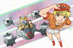  1980s_(style) 1990s_(style) armor ashida_toyoo_(style) astronaut baseball_cap blonde_hair boots commentary_request dual_persona energy_cannon female ginga_hyouryuu_vifam green_eyes grin hat knee_boots kujira_gunsou maki_rowel mecha photoshop_(medium) power_armor puppet_fighter radio_antenna retro_artstyle robot science_fiction short_hair short_sleeves shorts smile spacecraft spacesuit star_(sky) 