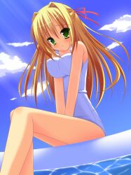  ada_vessalius blonde_hair blush breasts commentary_request female green_eyes hair_ornament hair_ribbon large_breasts long_hair mizutsuki one-piece_swimsuit pandora_hearts ribbon solo swimsuit 