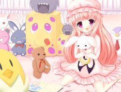  commentary_request crossover female hakamada_hinata hat hug kyuubee long_hair mahou_shoujo_madoka_magica mahou_shoujo_madoka_magica_(anime) nightgown pink_eyes pink_hair rou-kyuu-bu! sitting stuffed_animal stuffed_toy tamago_kago teddy_bear very_long_hair 