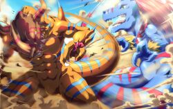  abs allomon arai_nobu battle claws commentary_request digimon digimon_(creature) dinosaur dust geogreymon green_eyes horns motion_blur motion_lines no_humans red_hair sharp_teeth tail teeth tongue wristband yellow_eyes 