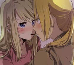  1boy bad_id bad_pixiv_id blonde_hair blue_eyes blush couple earrings edward_elric eye_contact female food fullmetal_alchemist jewelry long_hair looking_at_another mitsu_yomogi pocky pocky_kiss ponytail portrait shared_food straight winry_rockbell yellow_eyes 